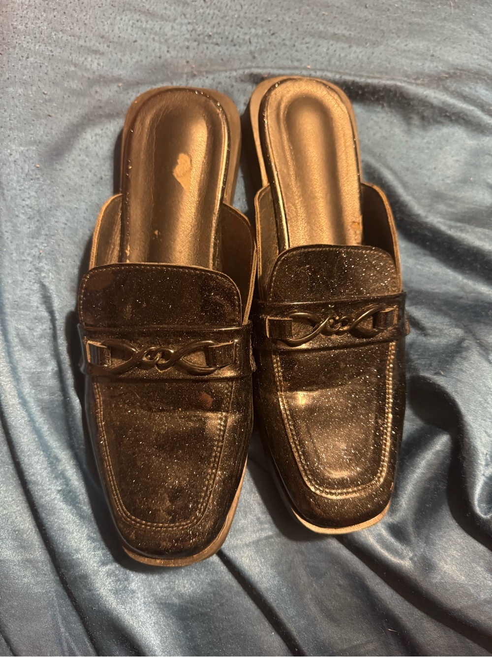 Women’s Size 9 Black with Glitter Flat Slide On Loafers